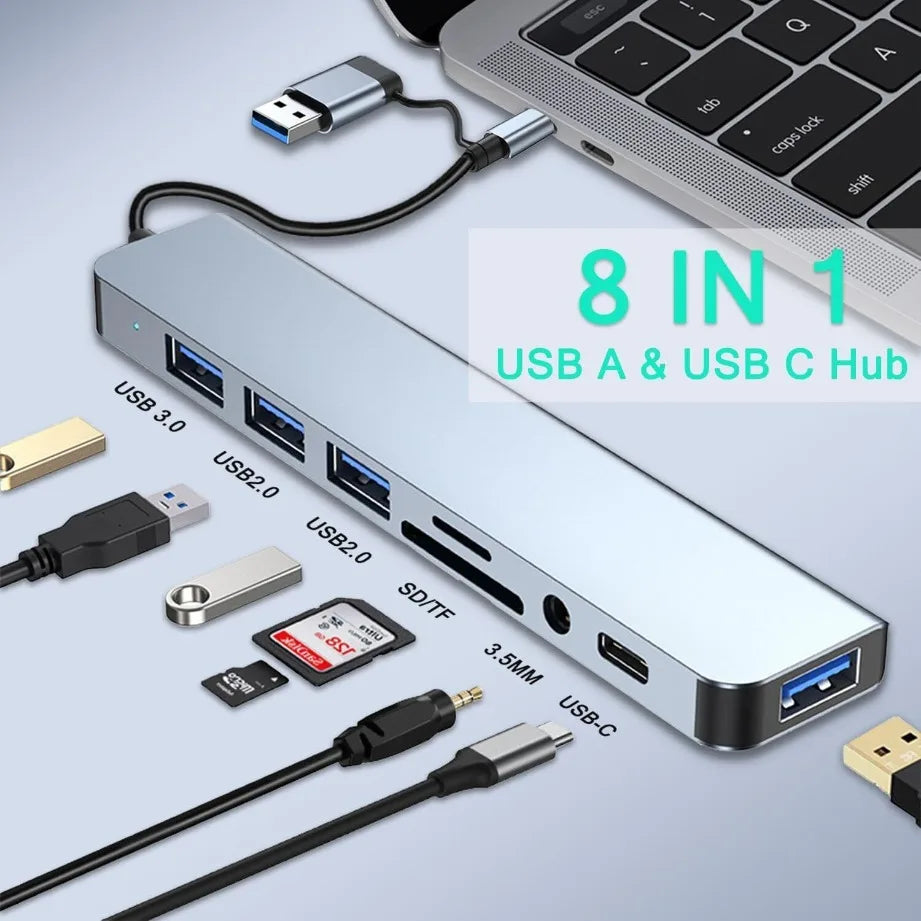 8-in-2 USB-C Hub with SD/TF Card Reader & Audio Jack