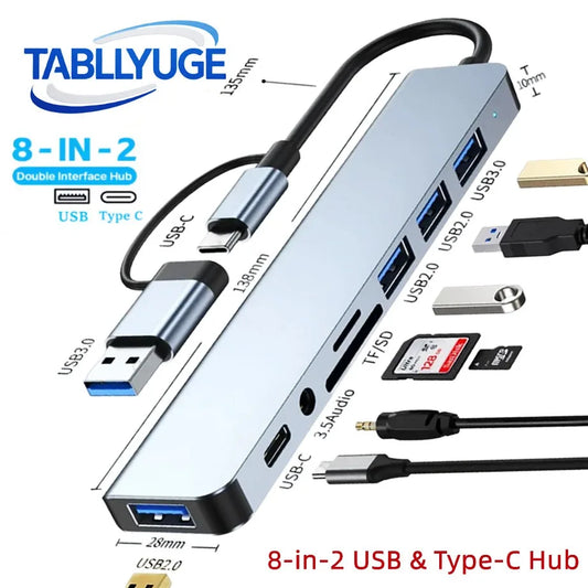 8-in-2 USB-C Hub with SD/TF Card Reader & Audio Jack