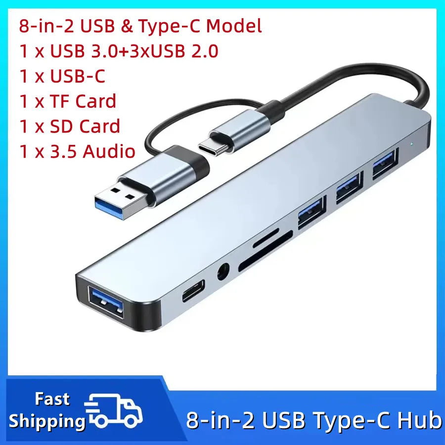 8-in-2 USB-C Hub with SD/TF Card Reader & Audio Jack