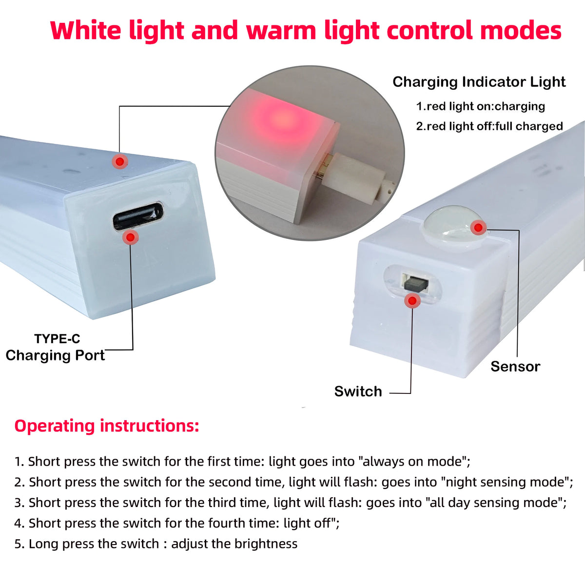 Wireless Motion Sensor Night Light — USB-C Rechargeable LED Cabinet Lamp (10–50cm)