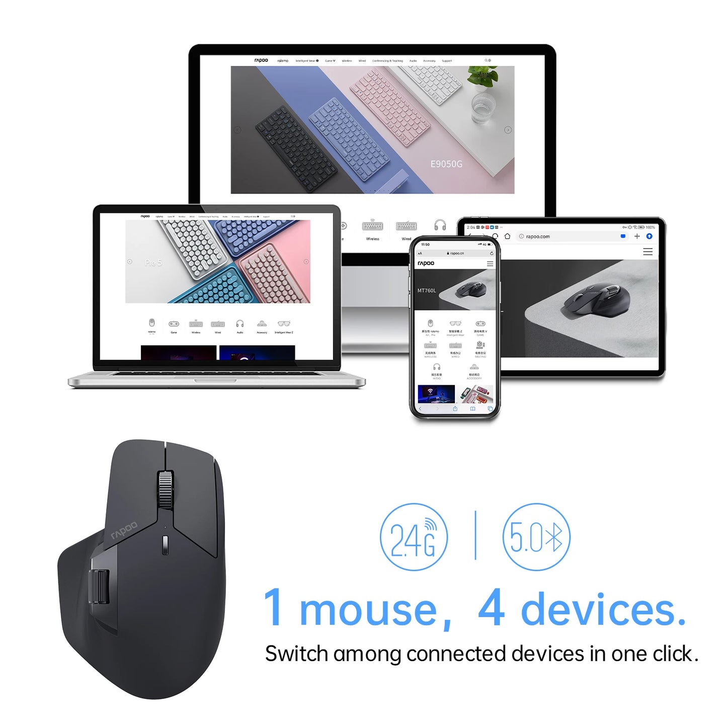 Rapoo MT760 Multi-Device Wireless Mouse – Ergonomic, Rechargeable, 4000 DPI