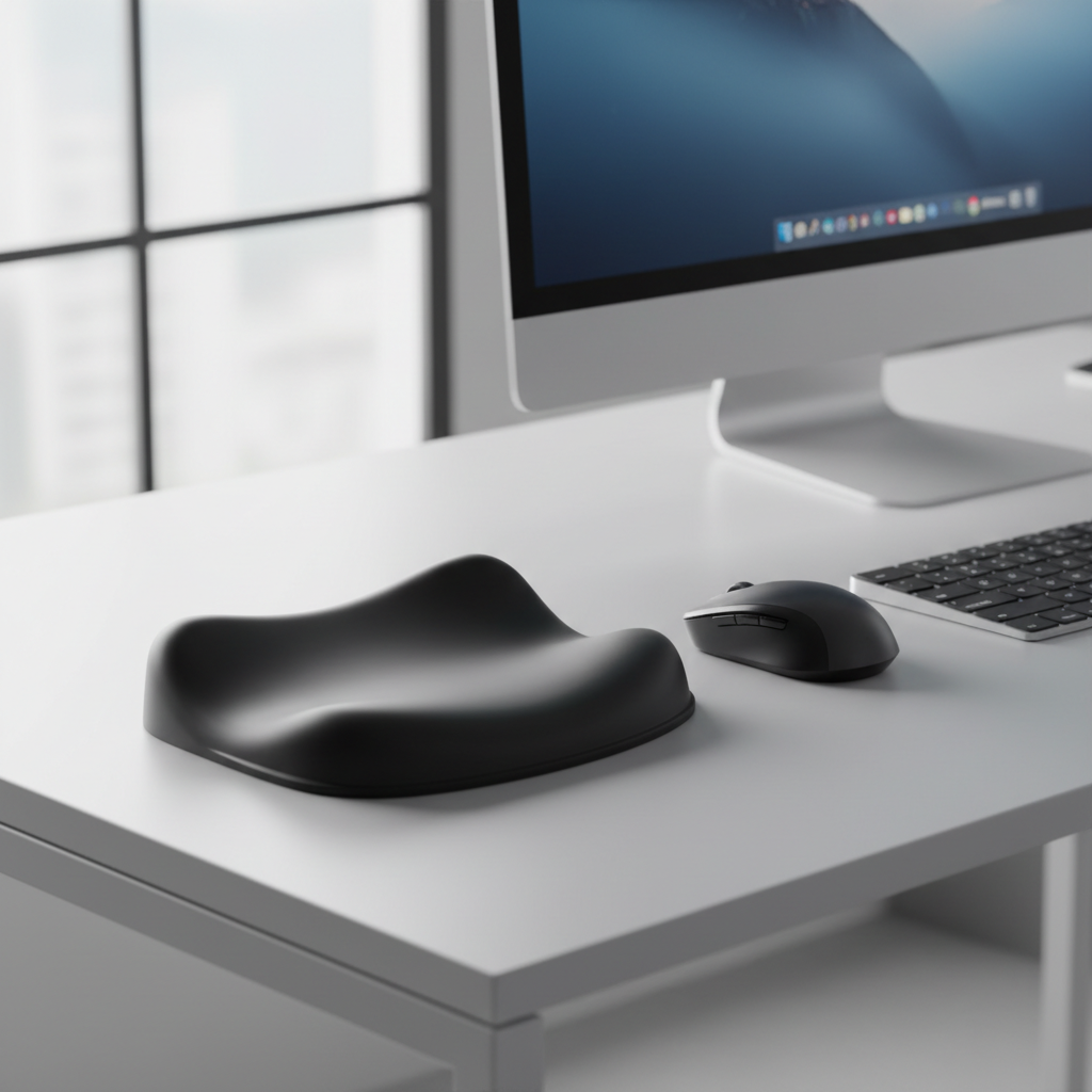 Black ergonomic silicone wrist rest pad on a clean minimal desk surface