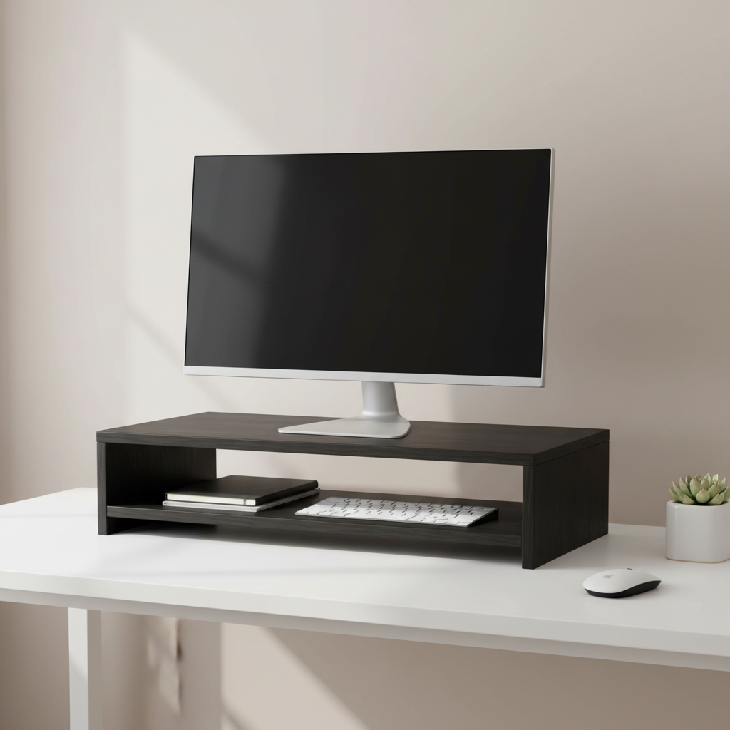 Black L-shaped wooden desktop monitor stand with storage shelf on a clean minimal desk