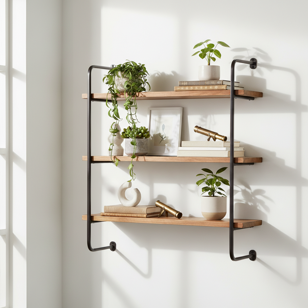 3-Tier Wall Mounted Floating Shelves styled with plants and books